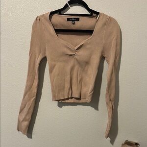 Love Tree Ribbed V-Neck Blouse - Tan